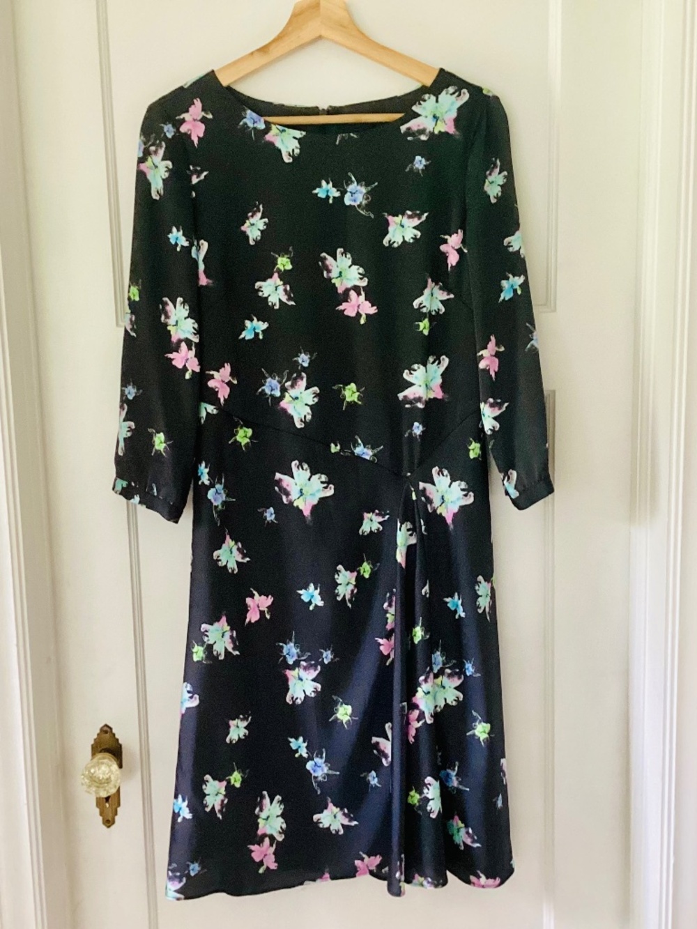 Banana Republic Pieced Watercolor Floral Dress Size 6 Flint Grey 3/4 Sleeves